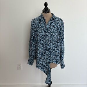 Chicos Womens Blouse Size 1 8/10 Blue Cheetah Print Front Tie Long Sleeves